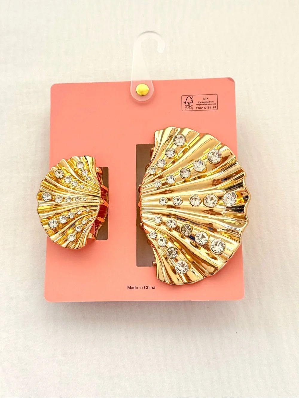 Piper K Gold Seashell Hair Claw Clip Duo (Large & Mini) Set w/ Rhinestones